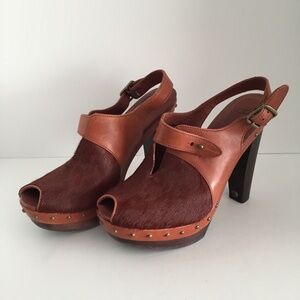 Ugg Women Sandals Cow Hair Leather Ultra High Heel Sling Back Studs Peep Toe 8.5